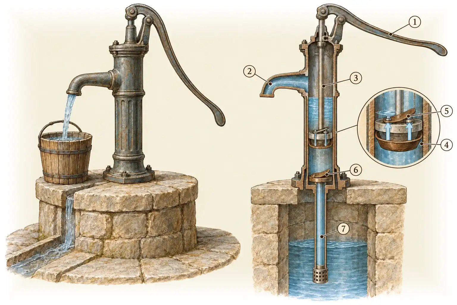 Pompa a pistone · L'acqua sollevata da pistone e valvole