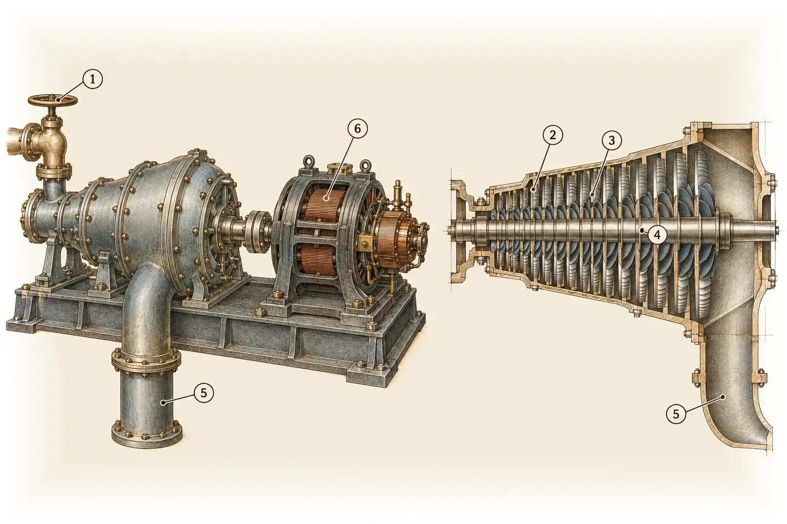Dampfturbine · Dampf, der die Generatoren antreibt