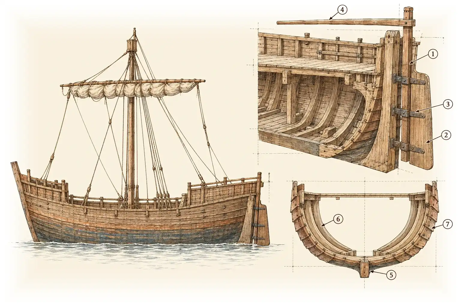 Sternpost rudder and hull · Holding a course, keeping the sea out
