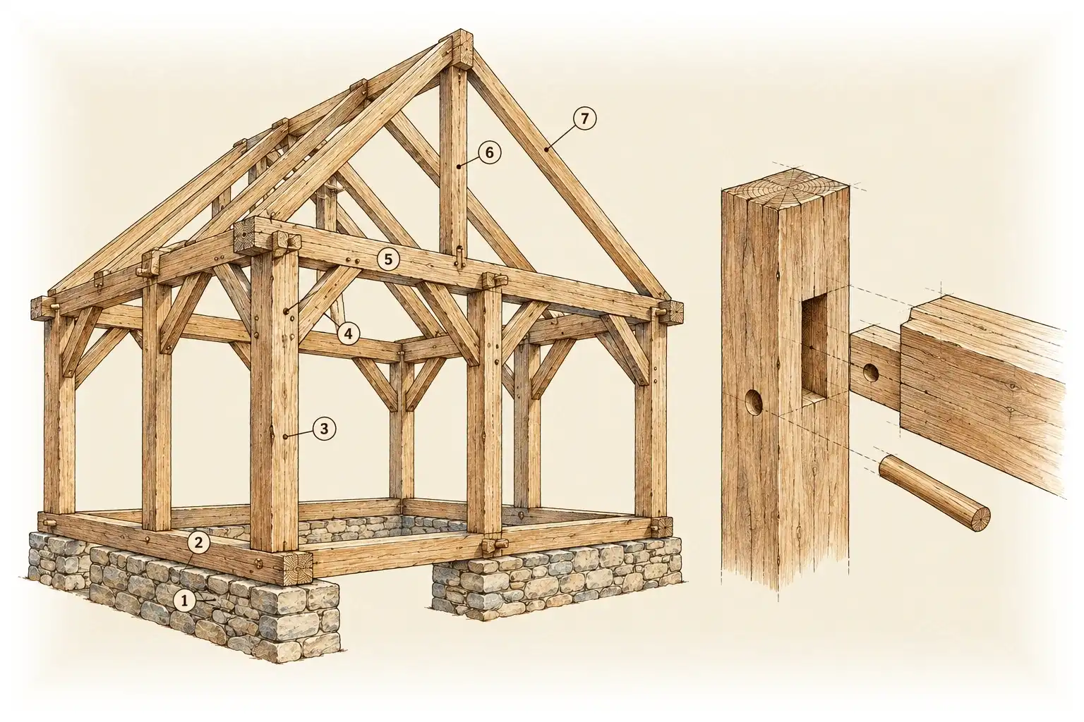 Fachwerk und Holzverbindungen · Balken, gehalten von Zapfen und Holznägeln