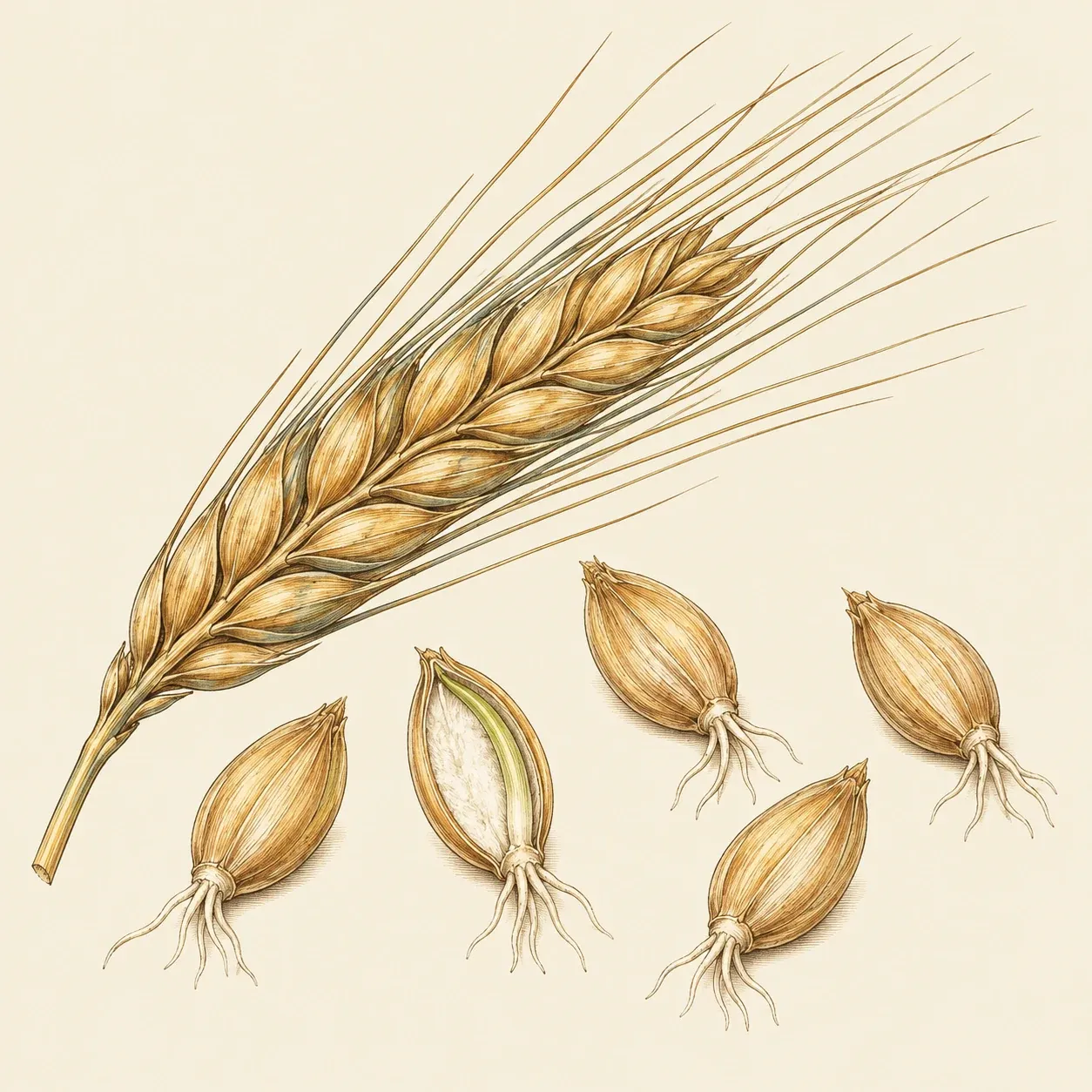A barley ear beside sprouting grains with white rootlets, one grain cut open to show the shoot under the husk