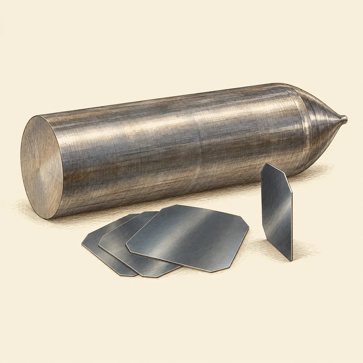 Um cristal de silício cinzento em forma de cilindro, deitado, com finas bolachas quadradas ao lado