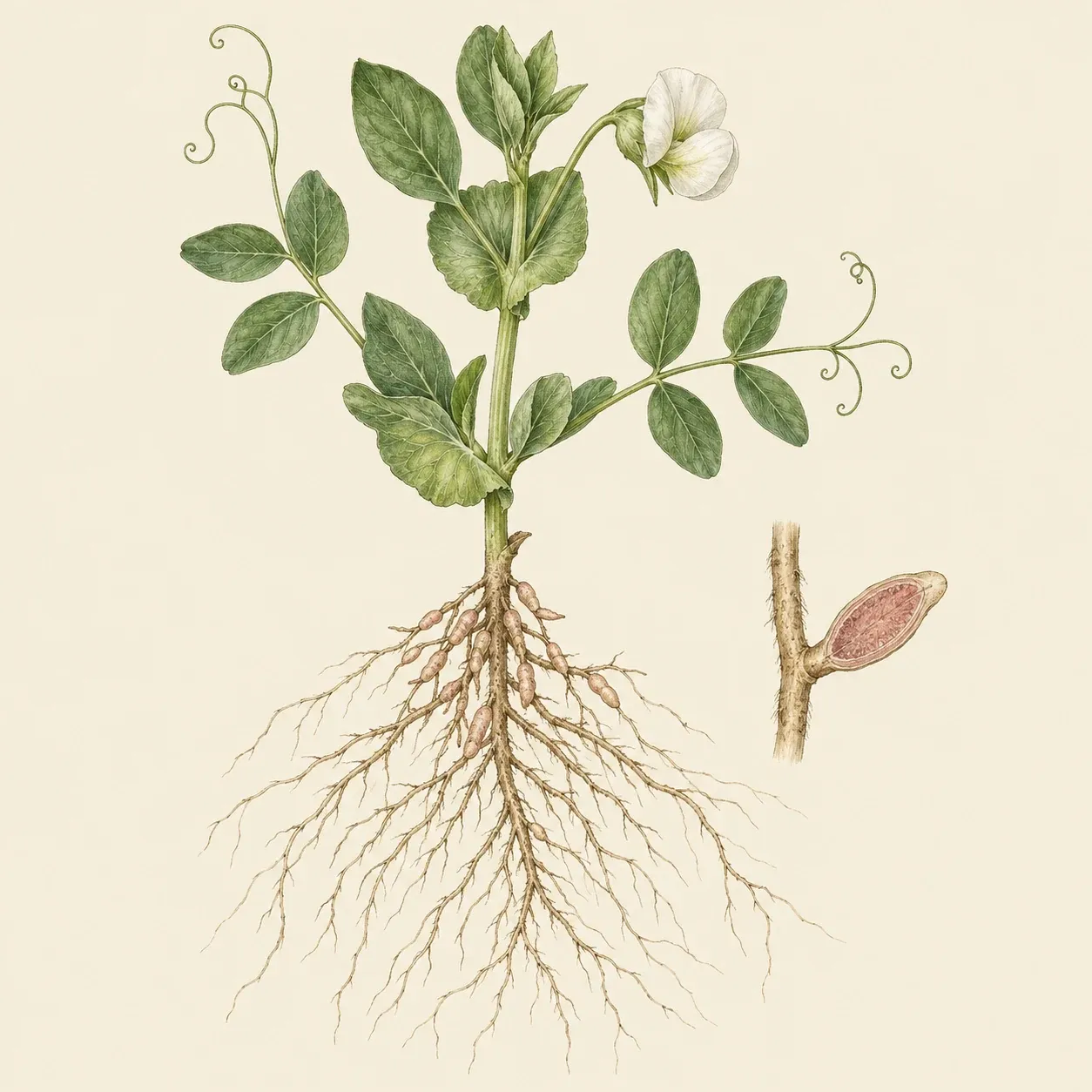 Un plant de pois arraché avec ses racines, portant de petites nodosités allongées, et une nodosité coupée en deux