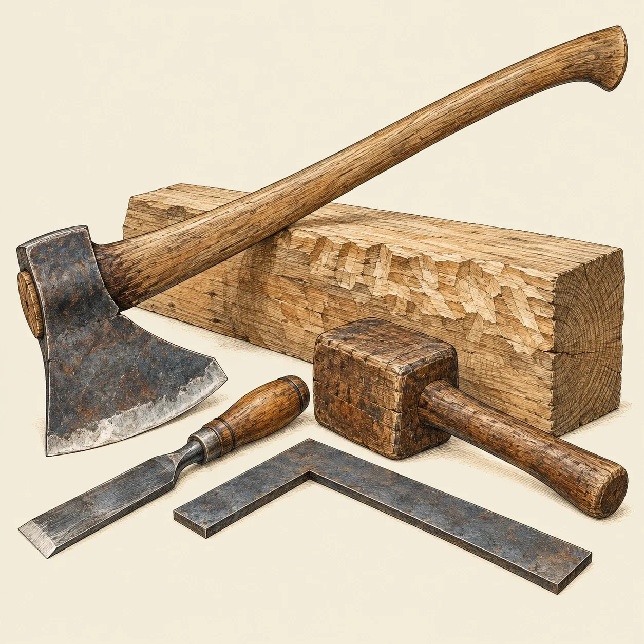 Ein Breitbeil, ein Stemmeisen, ein Holzklüpfel und ein Stahlwinkel neben einem kurzen Eichenbalken mit Beilspuren auf einer Seite