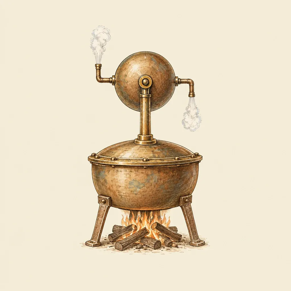 Hero’s aeolipile: a bronze sphere spinning on its pivots above a heated cauldron, with steam jets on opposite sides