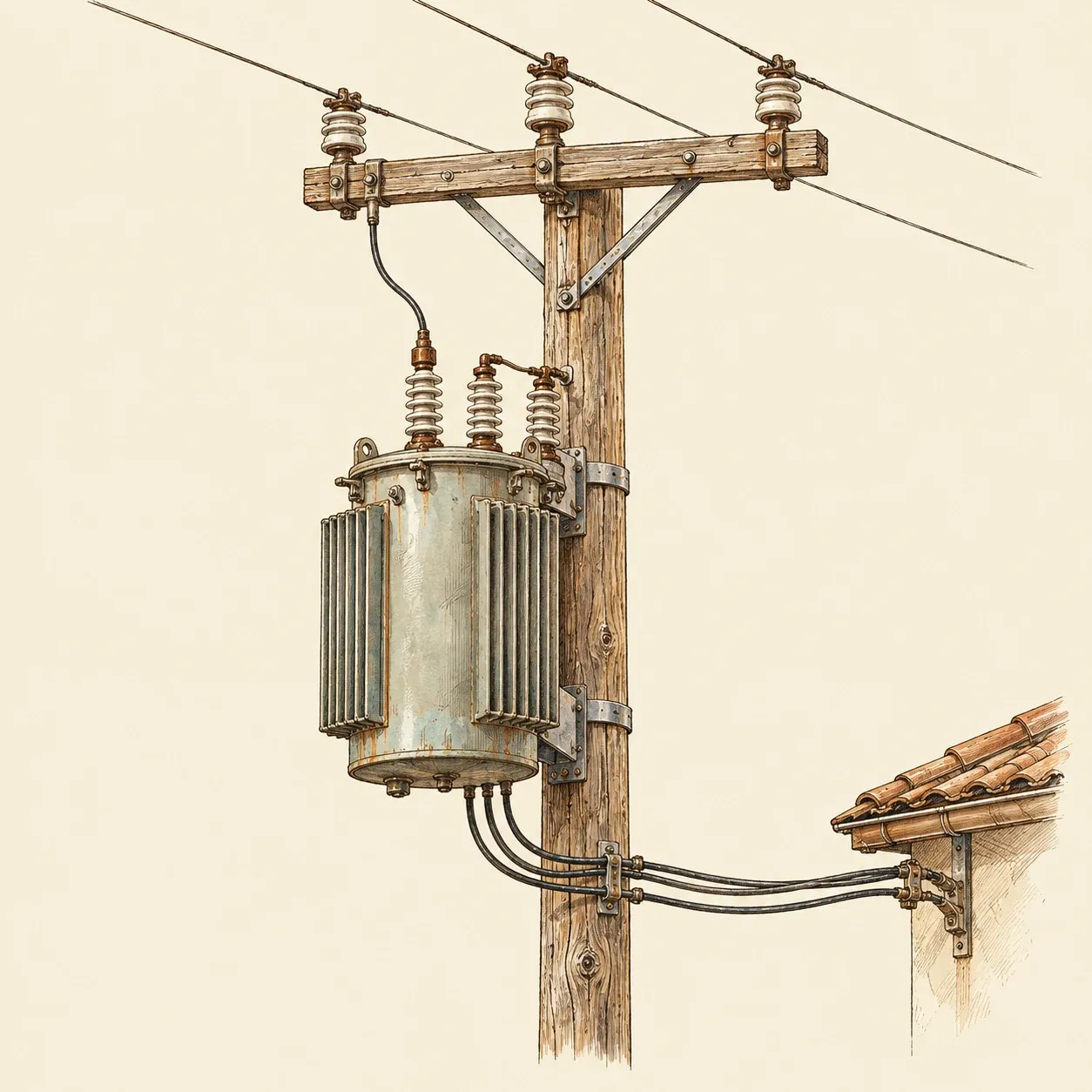 Ein zylindrischer Transformatorkessel an einem Holzmast, gespeist aus der Freileitung und mit einem Haus verbunden
