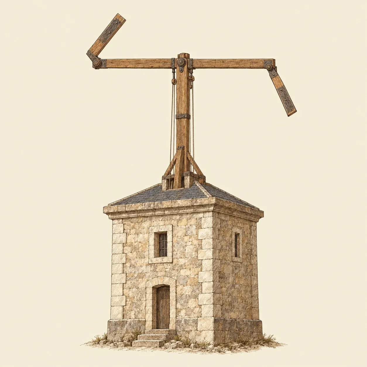 Ein Steinturm mit einem hohen Mast, der einen drehbaren Balken mit je einem kürzeren Arm an beiden Enden trägt