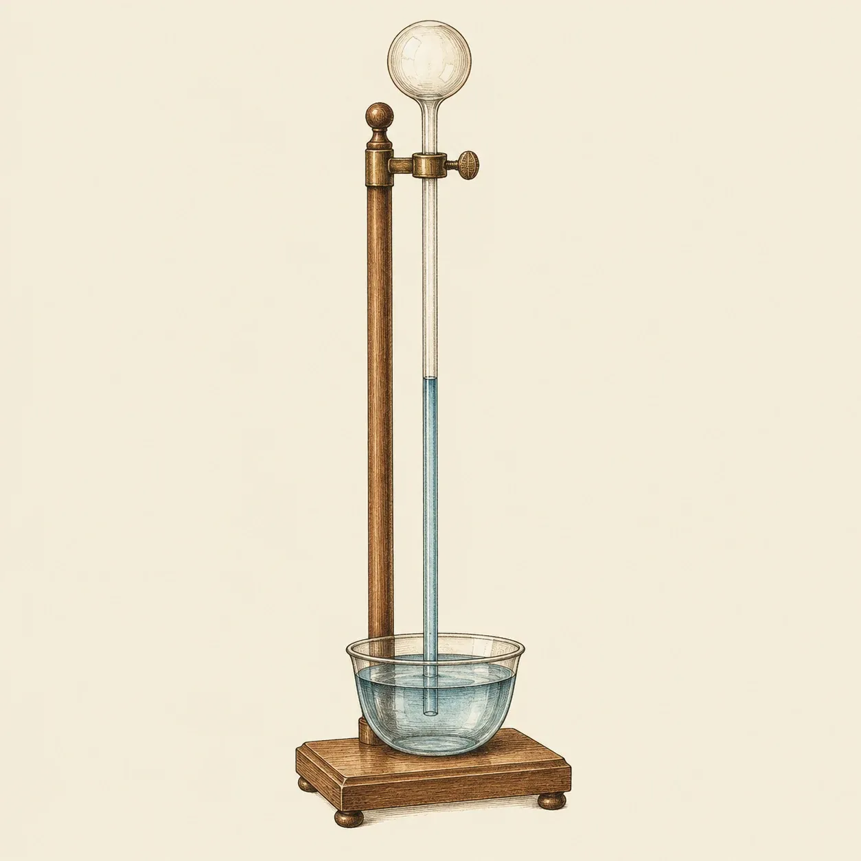 Ein eigroßer Glaskolben, umgedreht, sein langer dünner Hals taucht in eine Schale mit Wasser