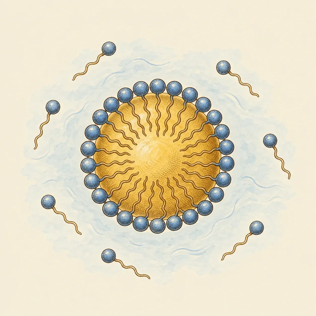A soap micelle: a drop of oil surrounded by soap molecules, tails buried in the oil and round heads facing the water