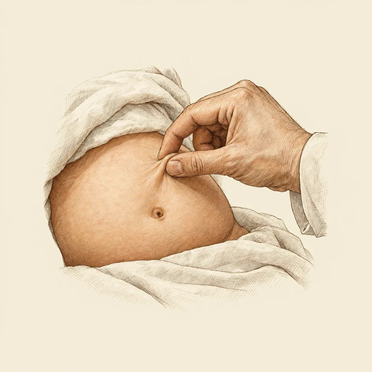 Eine Hand hebt eine Hautfalte am Bauch eines liegenden Säuglings an