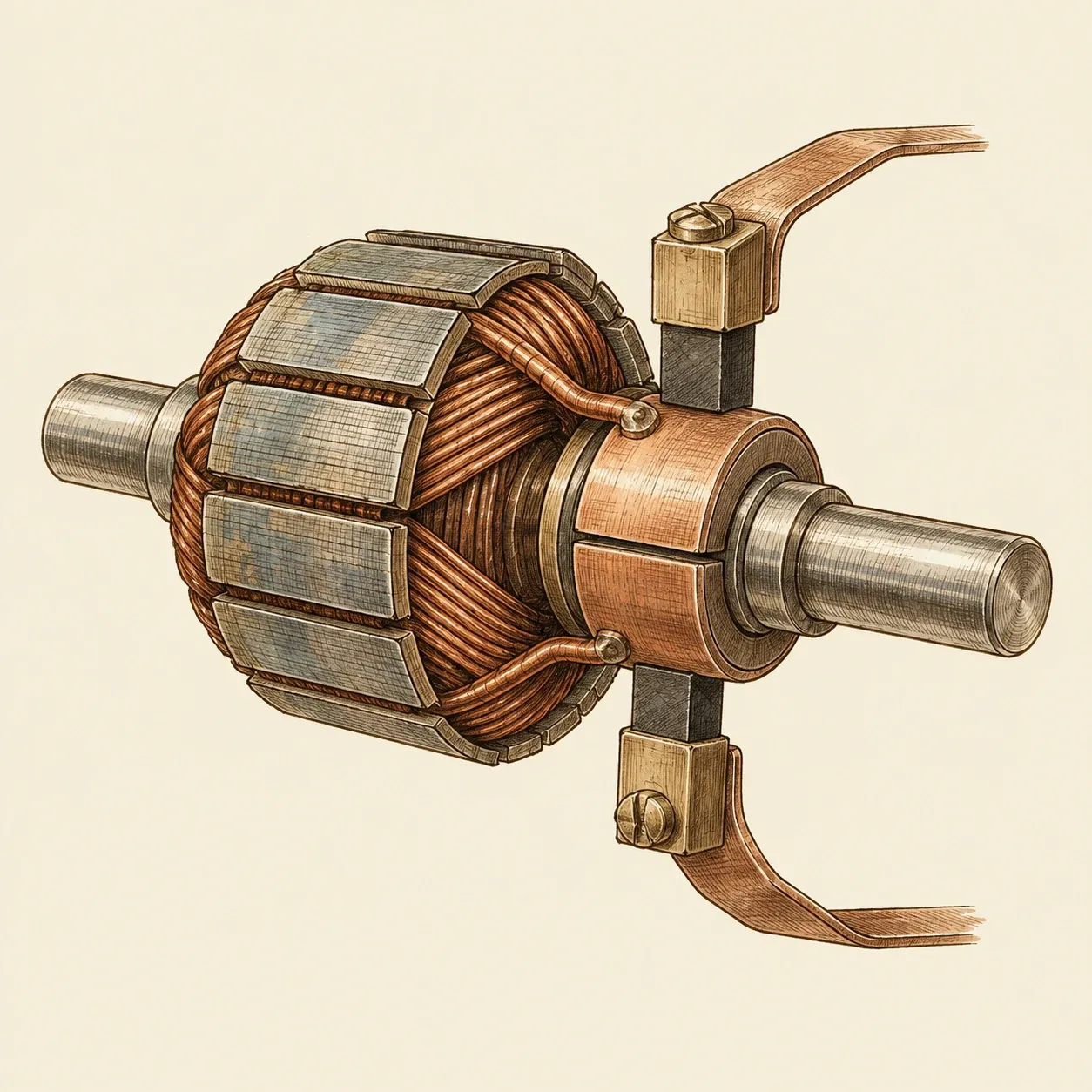 Ein Anker mit zweiteiligem Kupferkommutator und zwei Bürsten, die von gegenüberliegenden Seiten anliegen
