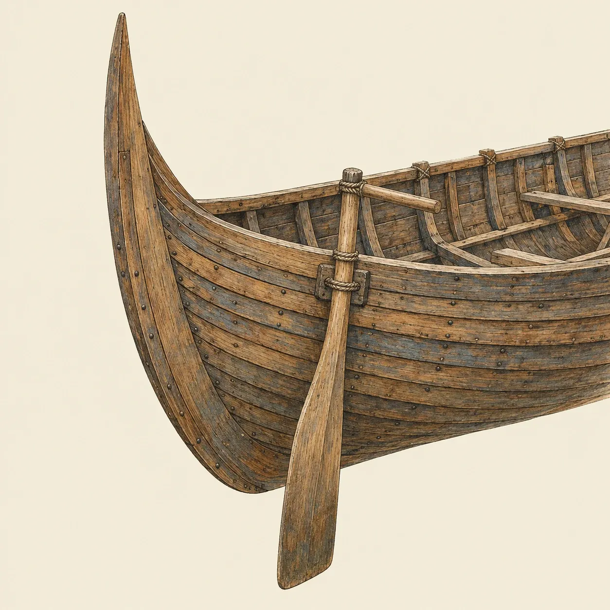 The stern of a Viking-age clinker ship with its side rudder lashed to a block on the right-hand side