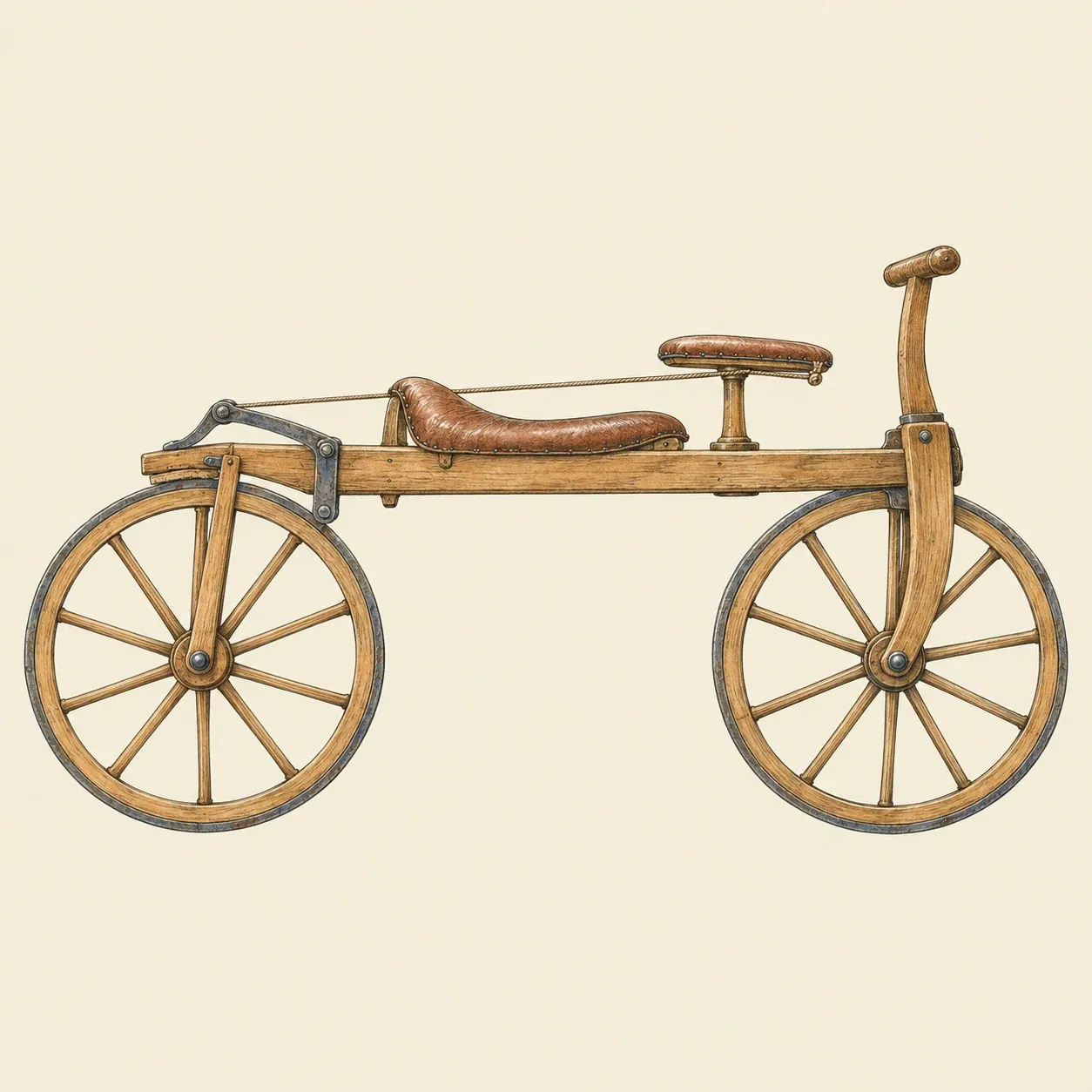 Karl Drais’ Laufmaschine von 1817: ein Holzbalken auf zwei gleichen Holzrädern, mit Sattel, Armstütze, Lenkstange und einer über eine Schnur betätigten Hinterradbremse, ohne Pedale