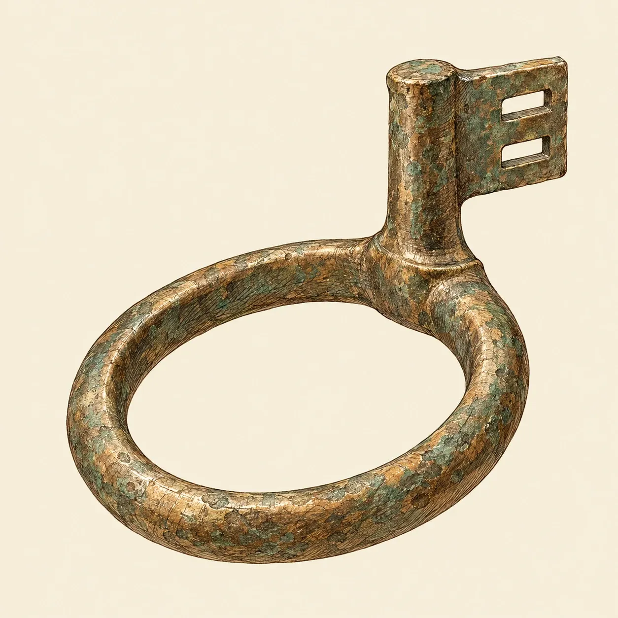 Ein römischer Schlüsselring aus Bronze: ein Fingerring mit kurzem Schaft und kleinem flachem Bart mit zwei Schlitzen