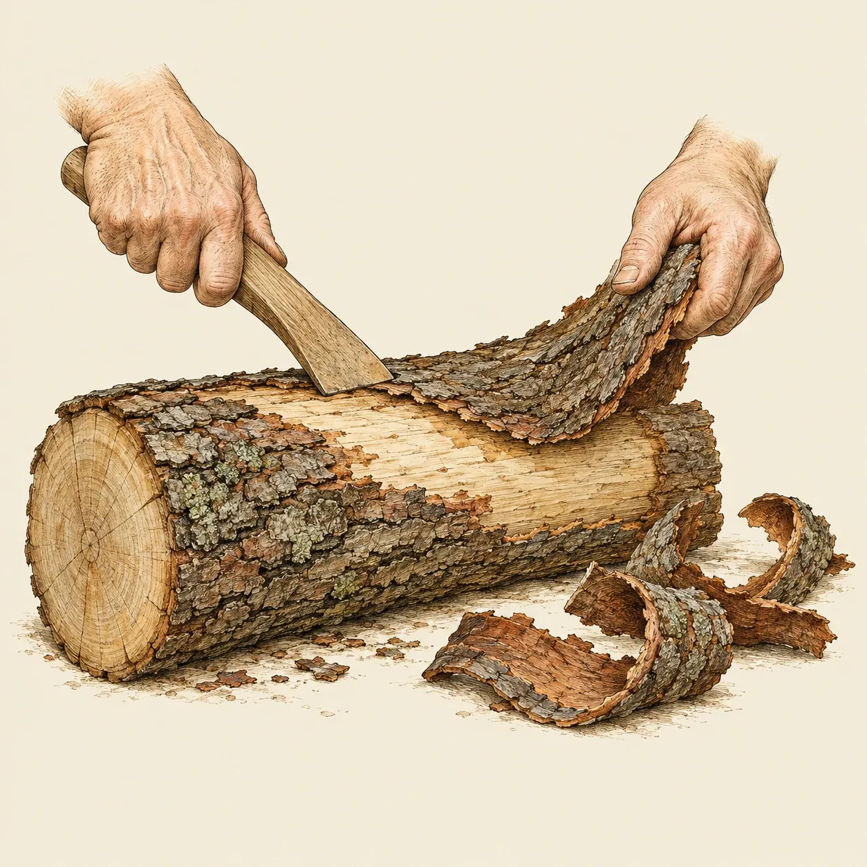 Zwei Hände schälen mit einem flachen Holzwerkzeug einen langen Rindenstreifen von einem Eichenstamm, daneben eingerollte Rindenstücke