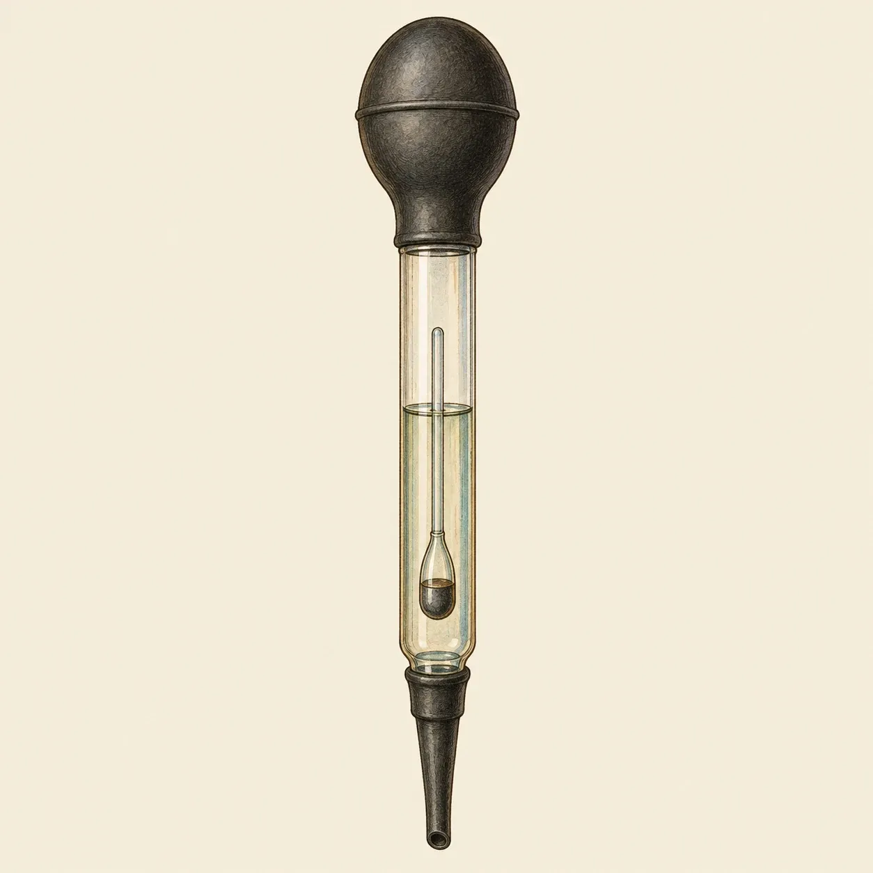 A battery hydrometer: glass tube with a rubber bulb and nozzle, a weighted glass float inside