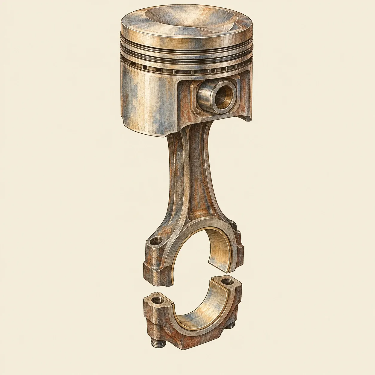 Un piston avec ses segments et sa bielle, chapeau de tête de bielle démonté