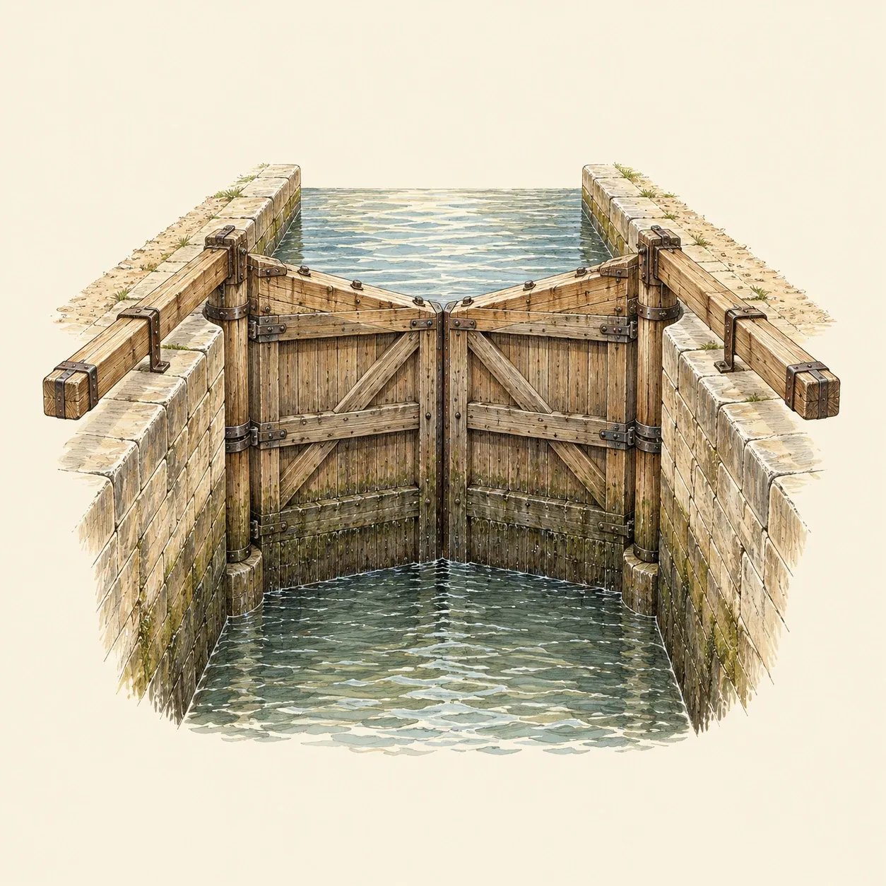 Ein geschlossenes Paar Stemmtore, das ein V zum höheren Wasser hin bildet