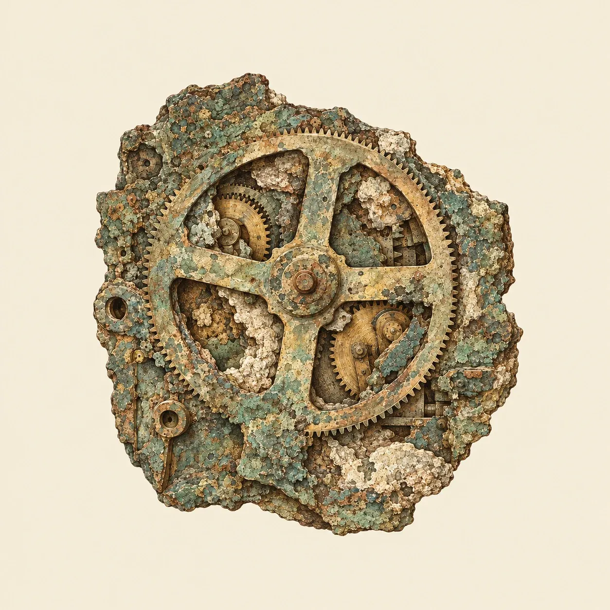Das Hauptfragment des Mechanismus von Antikythera, ein korrodiertes Bronzezahnrad in seiner Kruste