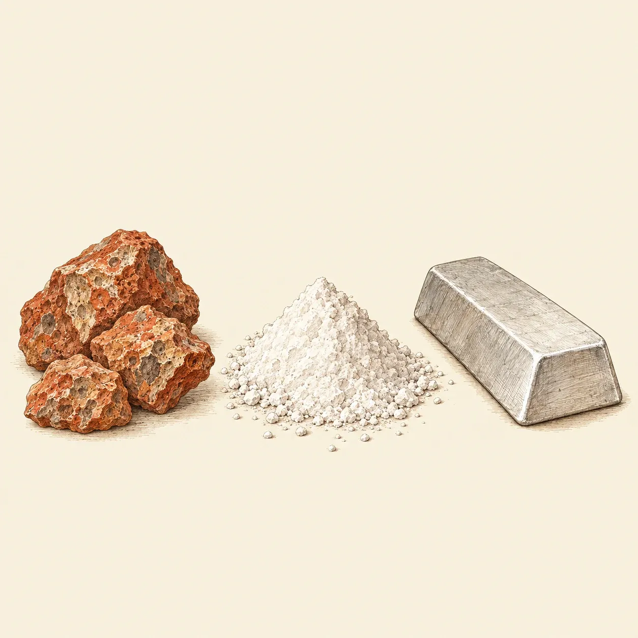 Rötliche Bauxitbrocken, ein Häufchen weißes Tonerdepulver und ein silbriger Aluminiumbarren
