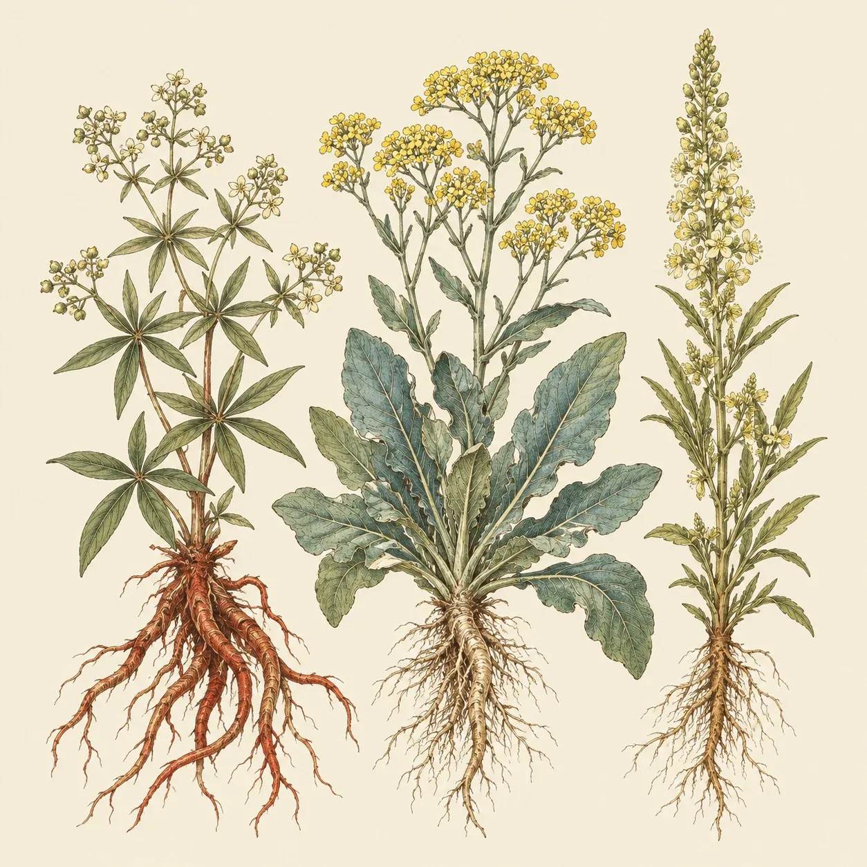 Botanische Studie von Krapp mit roten Wurzeln, Färberwaid mit blaugrünen Blättern und gelben Blüten und Färberwau mit hoher Blütenähre