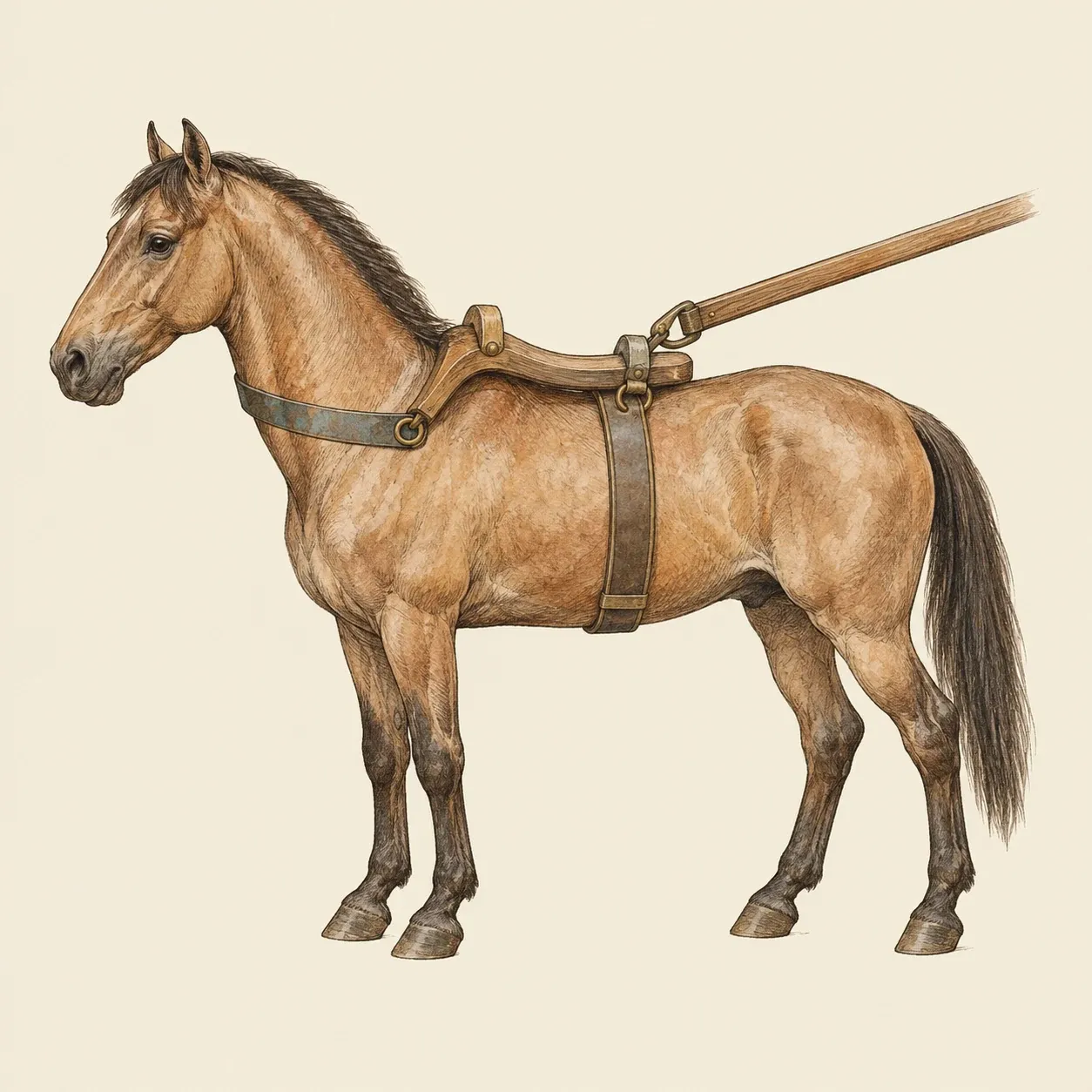 Um cavalo antigo com arreio de garganta e cilha: uma canga sobre a cernelha, uma correia à frente da garganta e uma cilha à volta da barriga