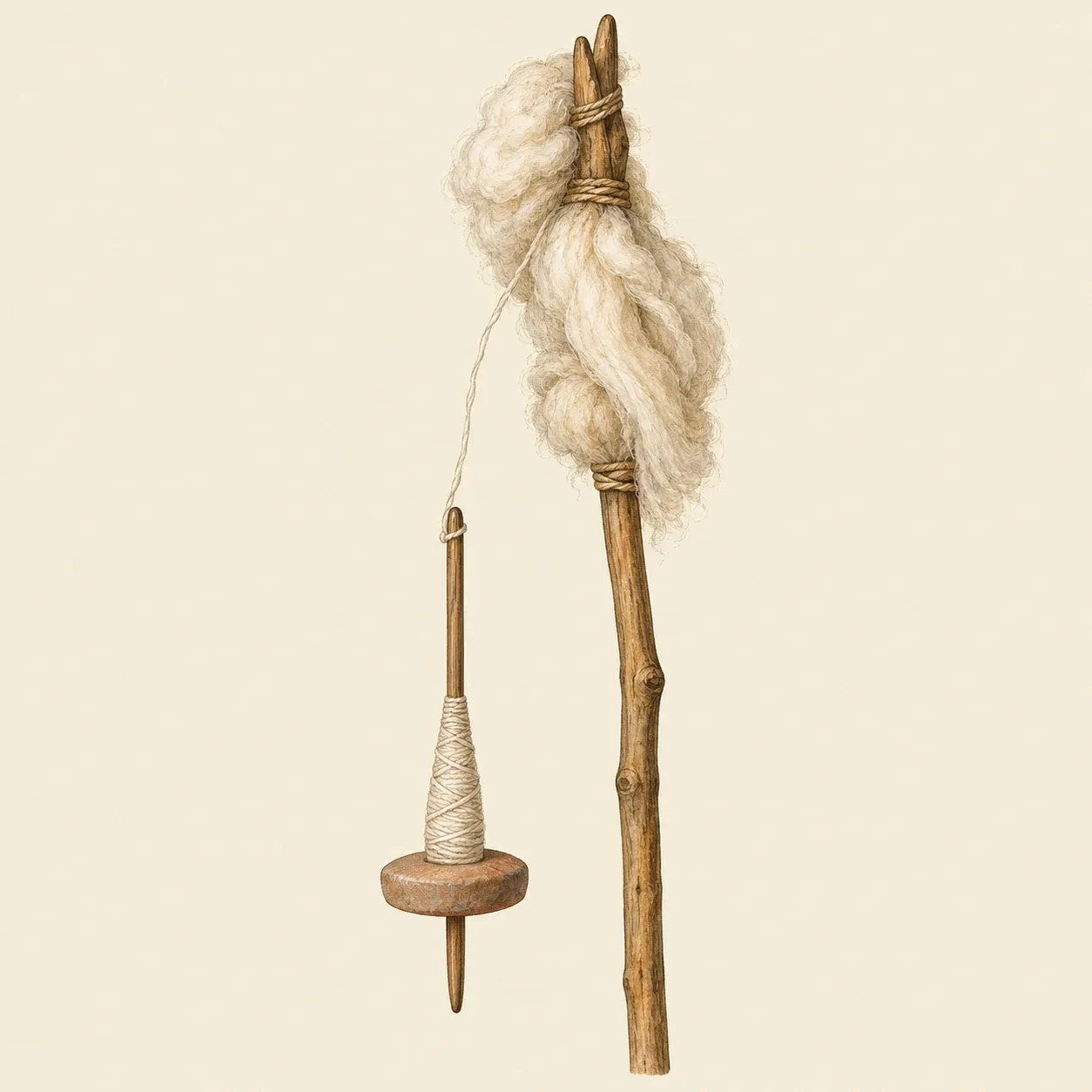 Eine Handspindel mit steinernem Wirtel, die an ihrem Garn von einem Wollbüschel an einem gegabelten Rocken hängt