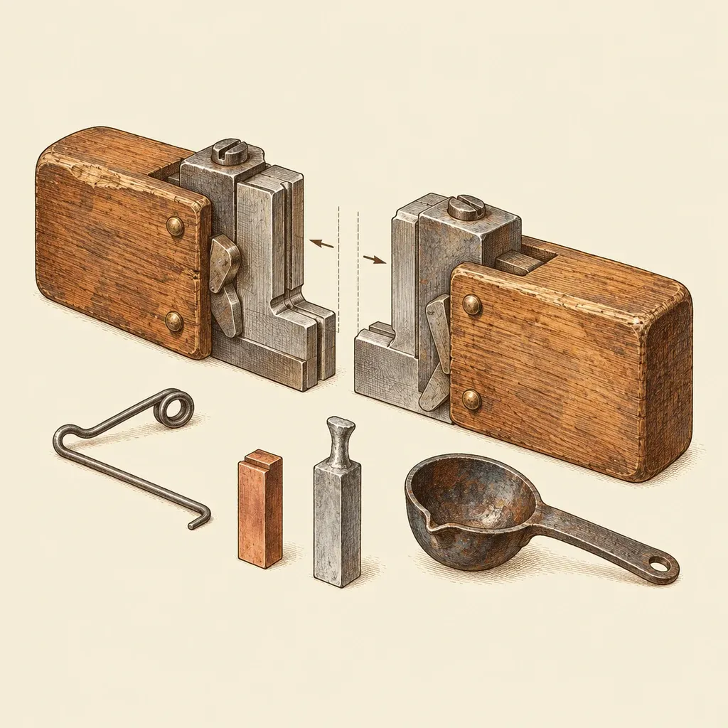 A type-founder’s hand mould opened in two halves, with a small ladle