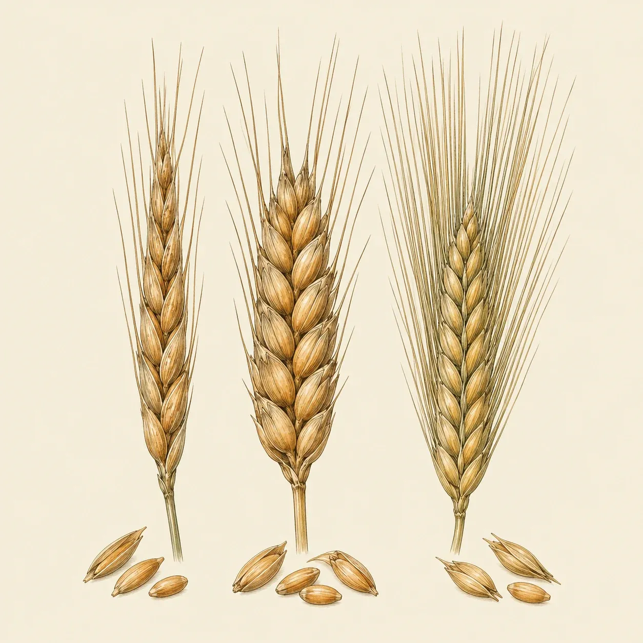 Spighe di farro monococco, farro dicocco e orzo con chicchi sparsi ai loro piedi