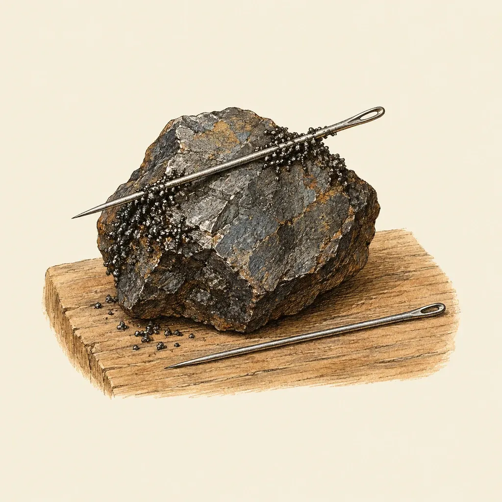 Ein roher Magneteisenstein, quer darauf eine Stahlnadel, daneben eine zweite Nadel