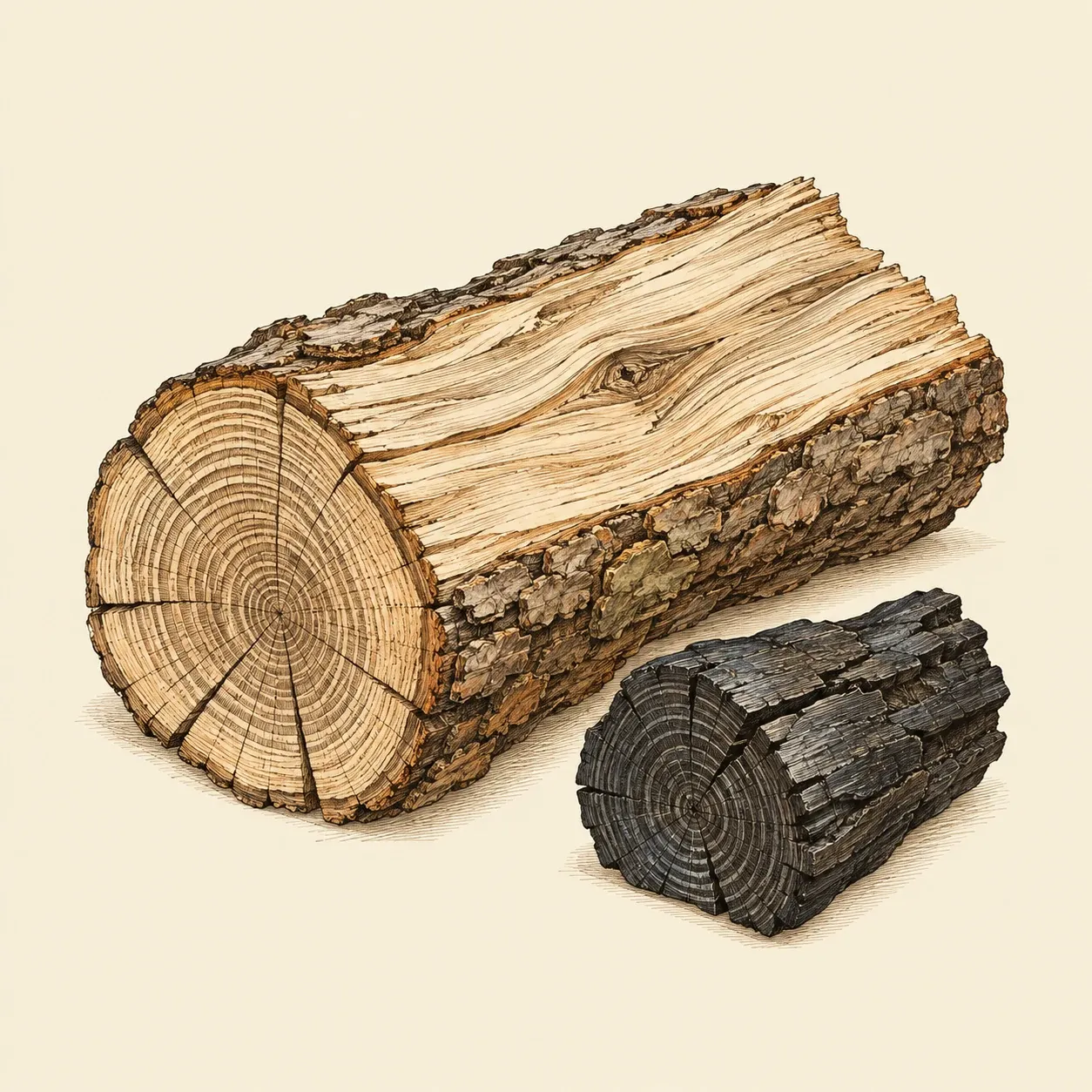 Ein gespaltenes Eichenscheit mit Rinde und Jahresringen neben einem kleineren schwarzen Stück Holzkohle aus demselben Holz, rissig, aber mit erhaltenen Ringen