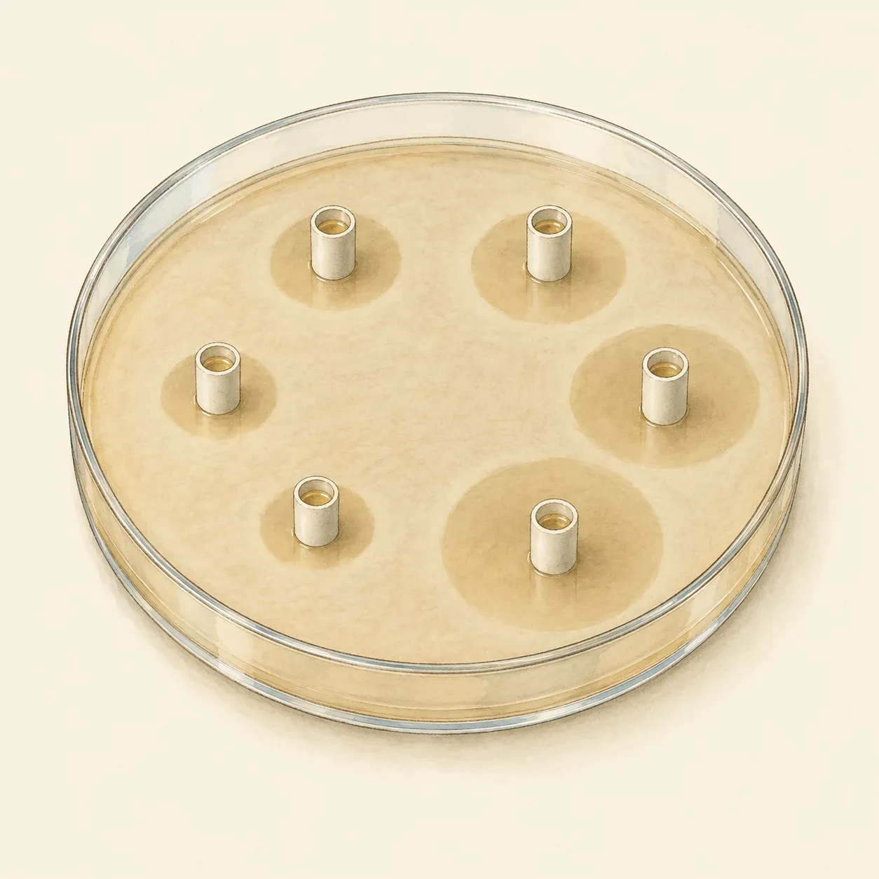 Eine Glasschale mit beimpftem Agar, auf dem sechs kleine weiße Zylinder stehen, jeder in einem klaren Kreis von anderer Größe