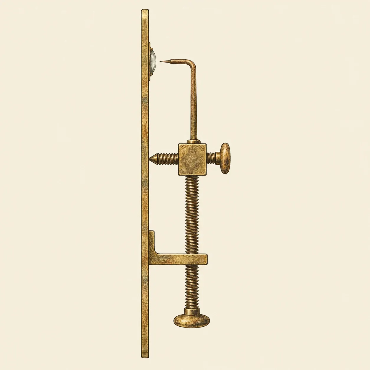 Un microscopio di Leeuwenhoek di profilo: una sottile piastra d’ottone con una lente a perla, una punta, una lunga vite verticale e una corta vite orizzontale