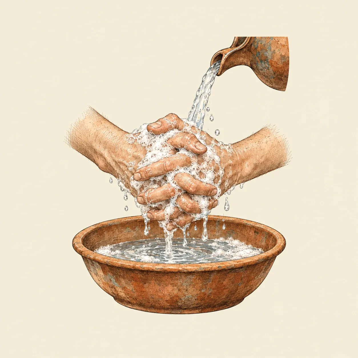 Due mani insaponate che si strofinano palmo contro palmo, con le dita intrecciate, sotto l’acqua versata da una brocca