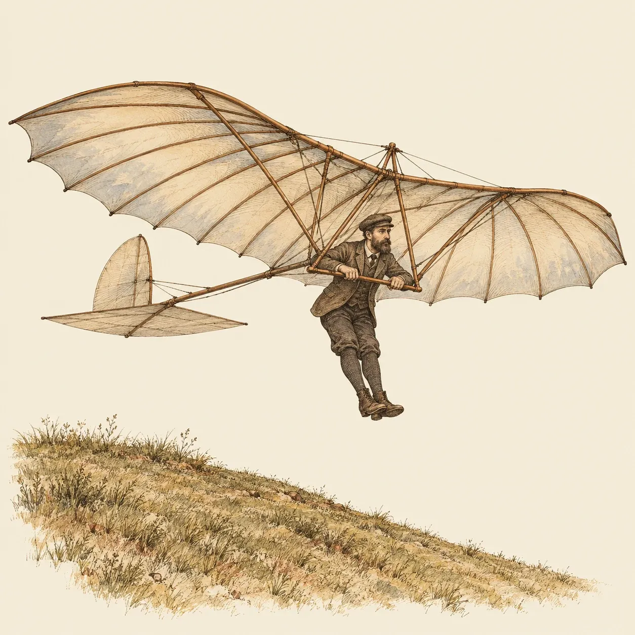 Otto Lilienthal appeso sotto uno dei suoi alianti negli anni Novanta dell’Ottocento