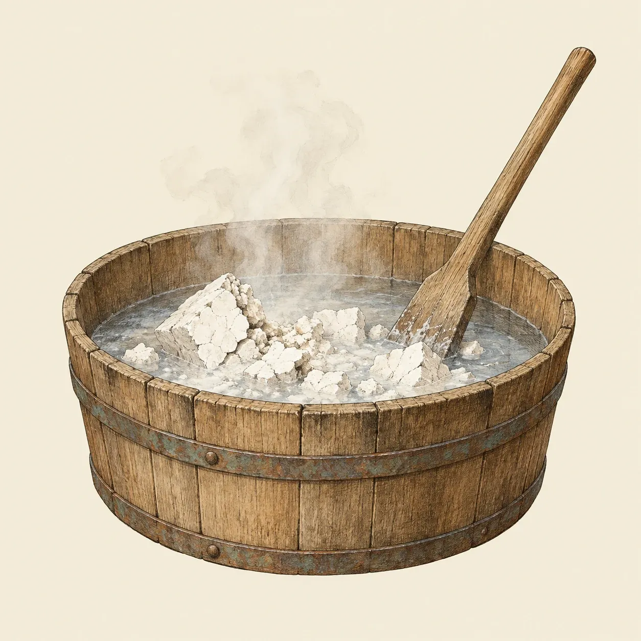 Una tinozza di legno piena d’acqua in cui zolle bianche di calce viva si spaccano, con vapore che sale e una pala di legno appoggiata dentro