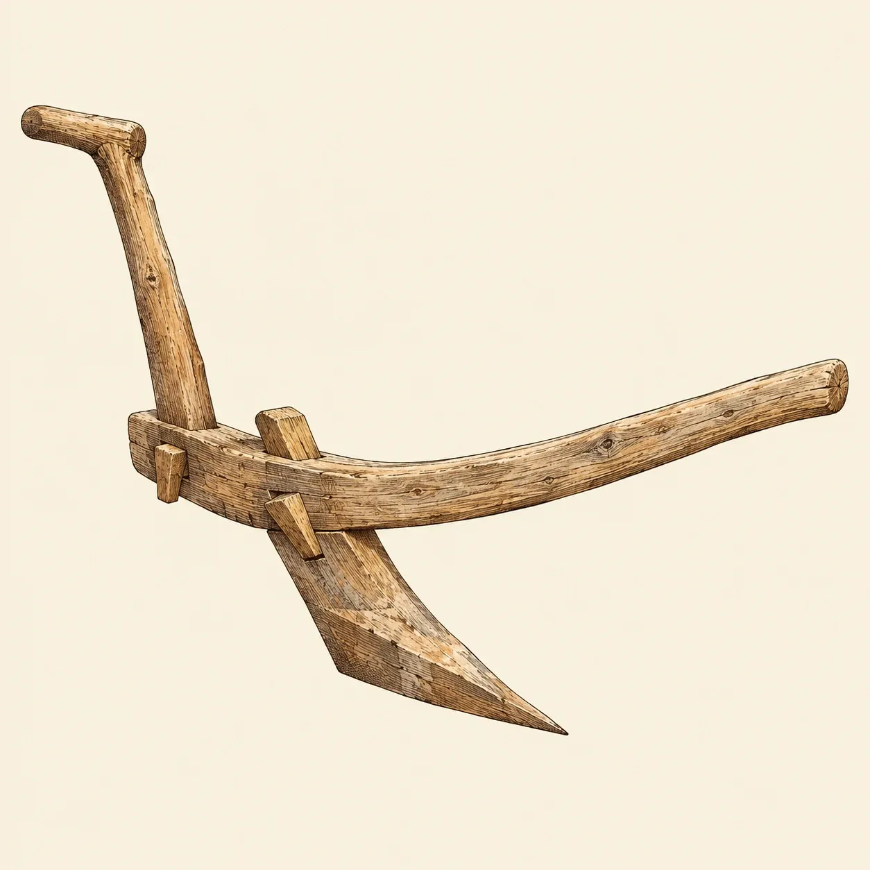 Ein vorgeschichtlicher Hakenpflug aus Holz mit gebogenem Grindel, einem einzelnen Sterz und spitzer Schar