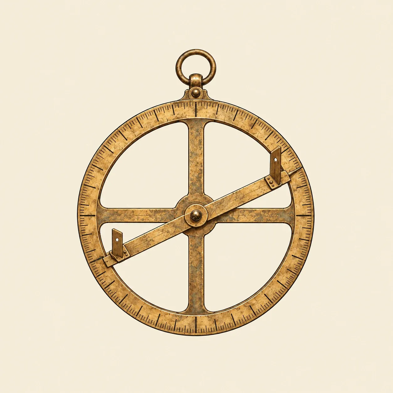 Um astrolábio náutico de bronze, roda vazada de quatro raios, com a argola de suspensão e uma medeclina com duas pínulas furadas