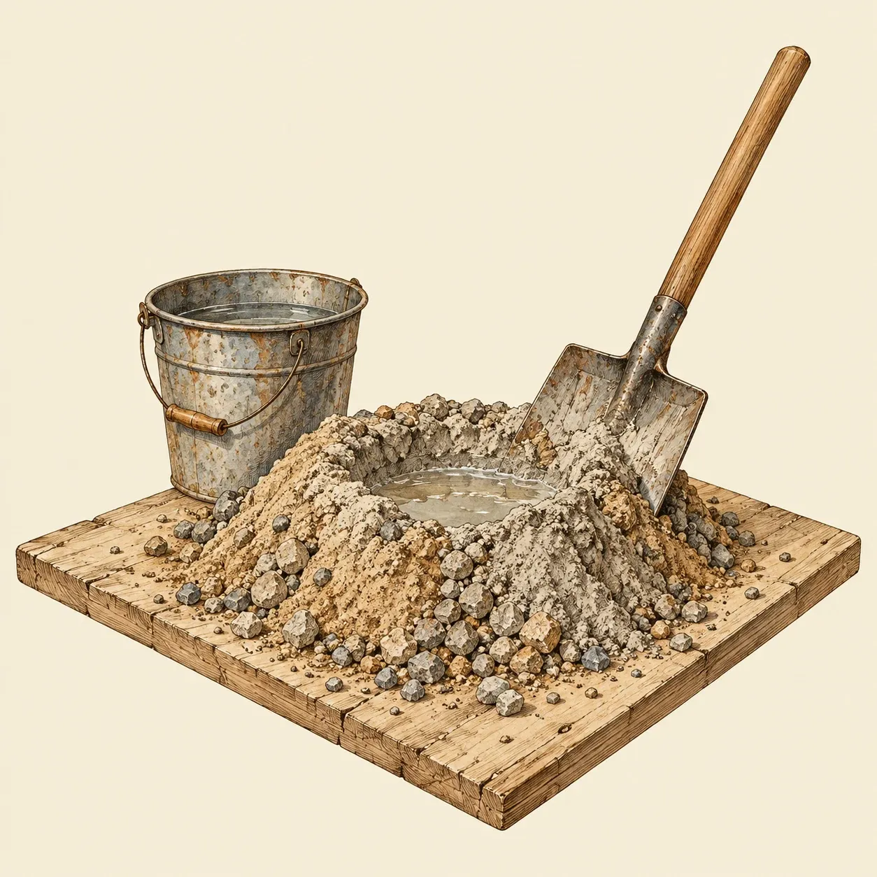 Von Hand angemischter Beton auf einem Brett: ein Haufen aus Sand, Kies und Zement mit einem Wasserkrater oben, eine Schaufel und ein Eimer