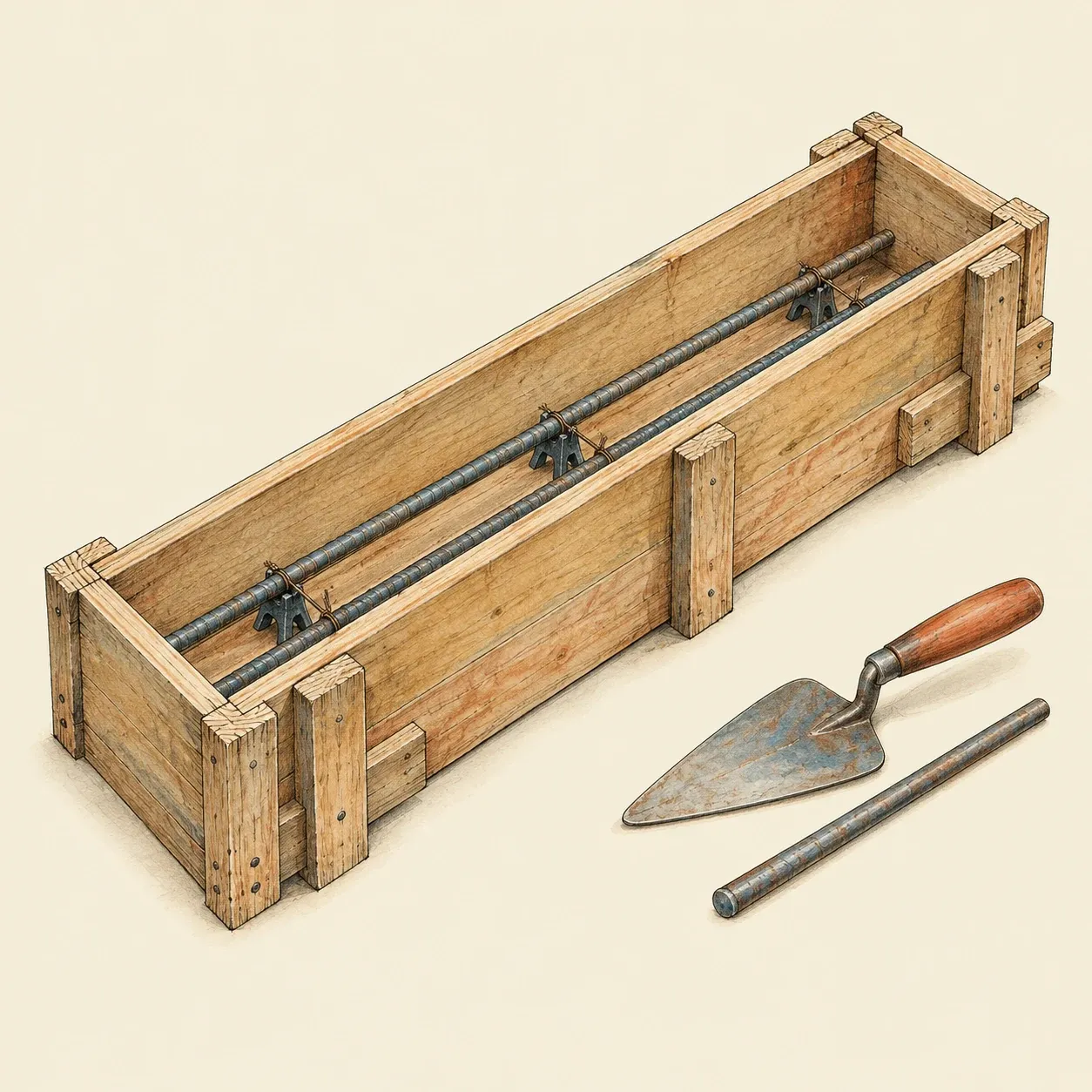 Un cassero di legno aperto per un architrave, con due barre nervate su piccoli distanziatori, e accanto una cazzuola e un’asta per costipare