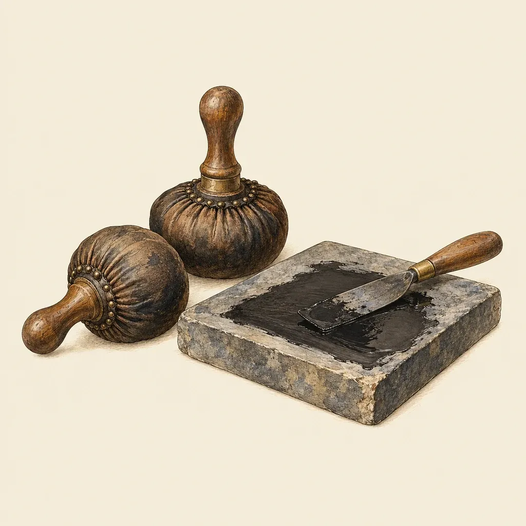 Two leather ink balls with wooden handles beside an inked stone slab