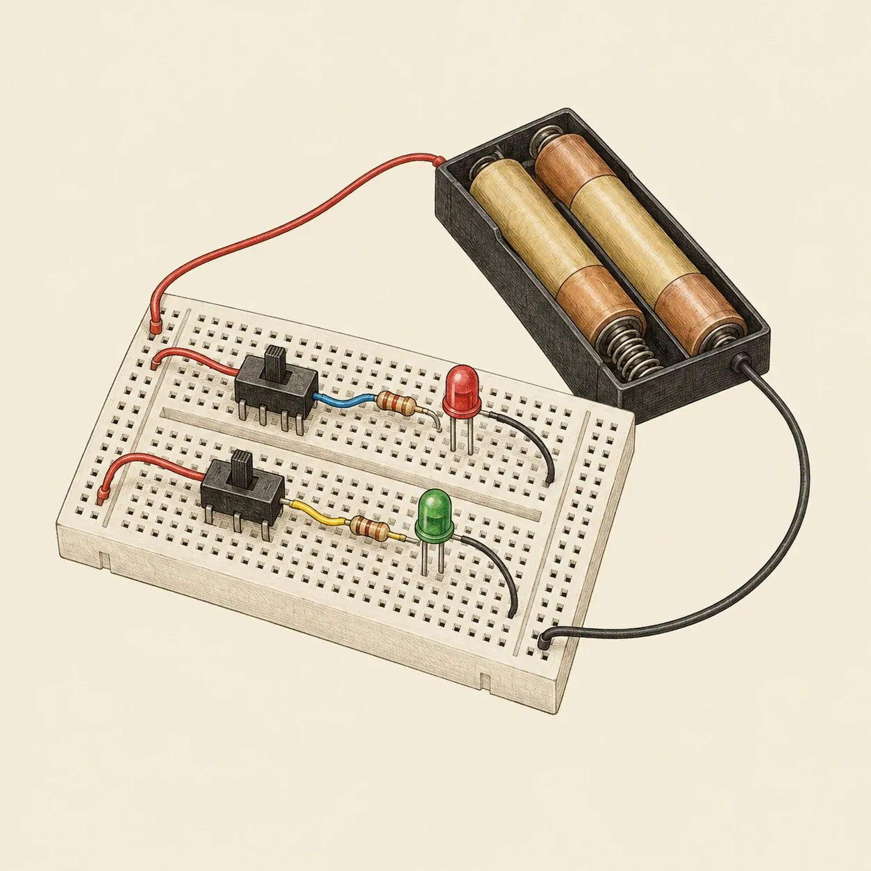 Una breadboard con due interruttori a slitta, ciascuno dei quali accende un LED attraverso un resistore, alimentata da un portabatterie