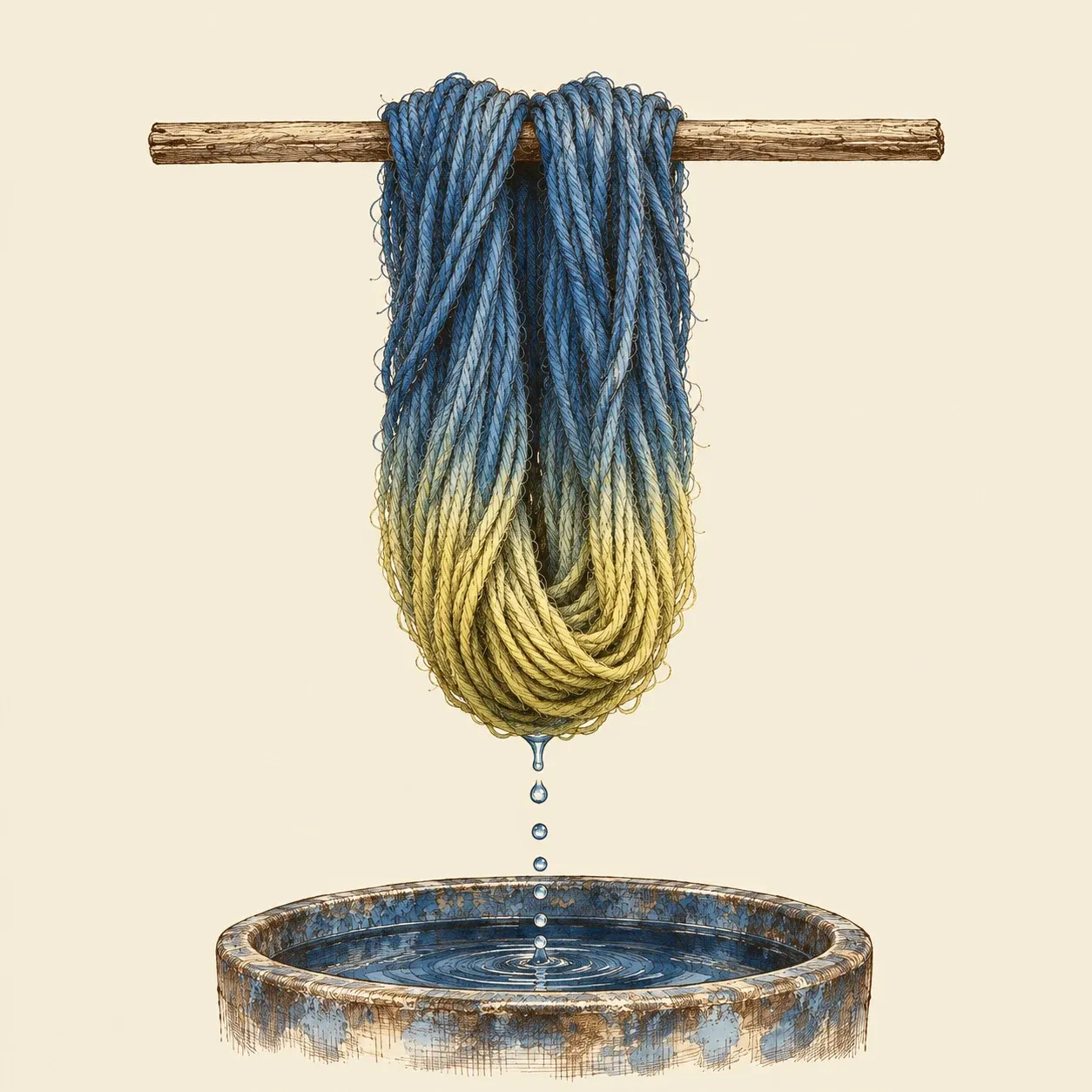 Ein Wollstrang, auf einem Stab aus der Indigoküpe gehoben, unten noch grün, oben schon blau
