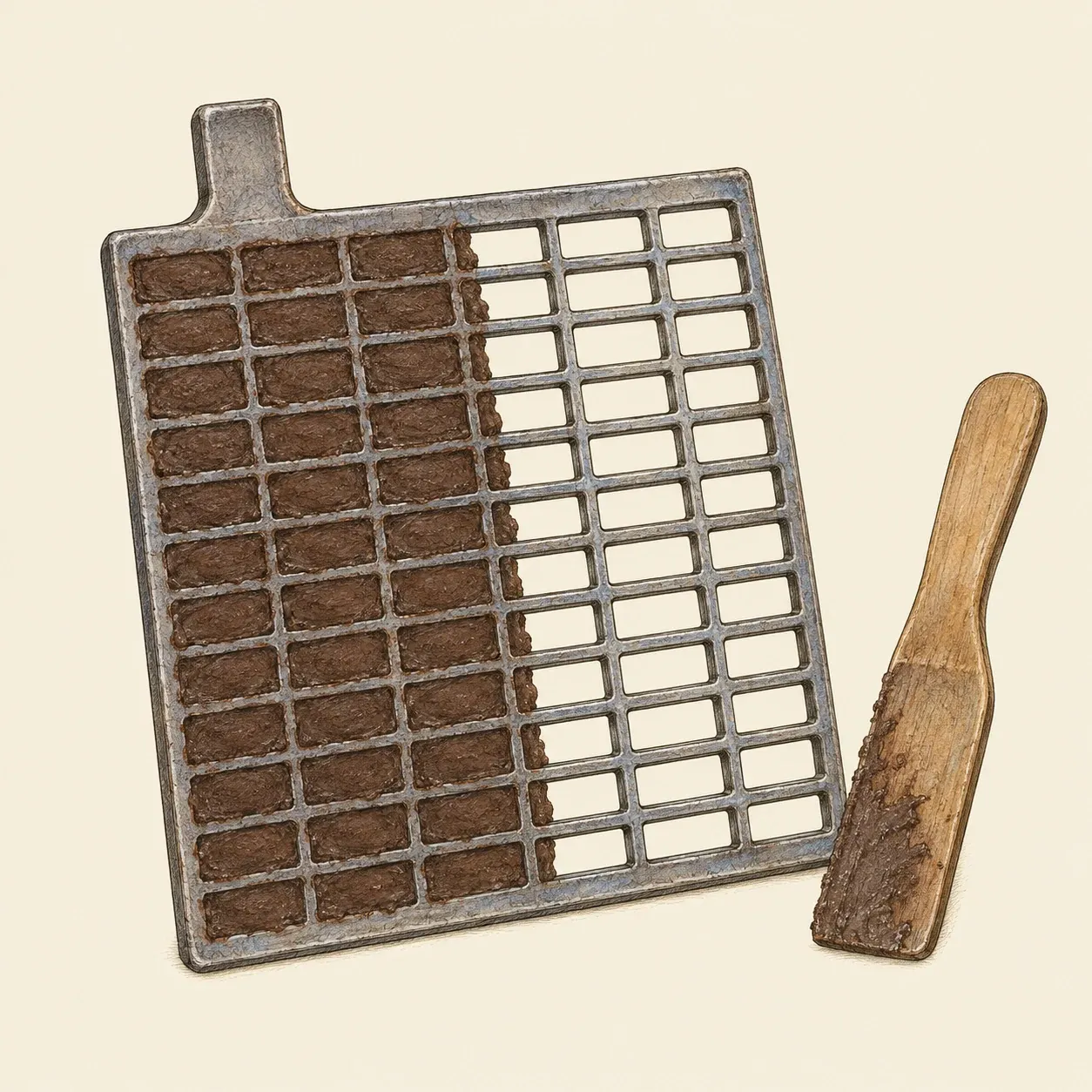 A lead grid half filled with brown paste, a wooden spatula beside it