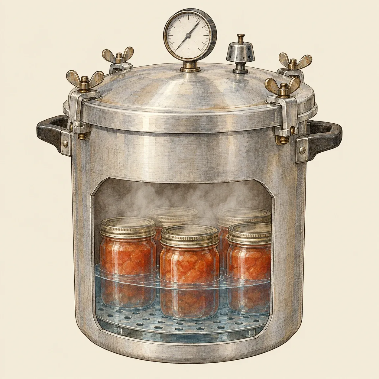 Ein Druckeinkochtopf mit Manometer und verschraubtem Deckel, aufgeschnitten, sodass Gläser auf einem Rost in wenig Wasser zu sehen sind