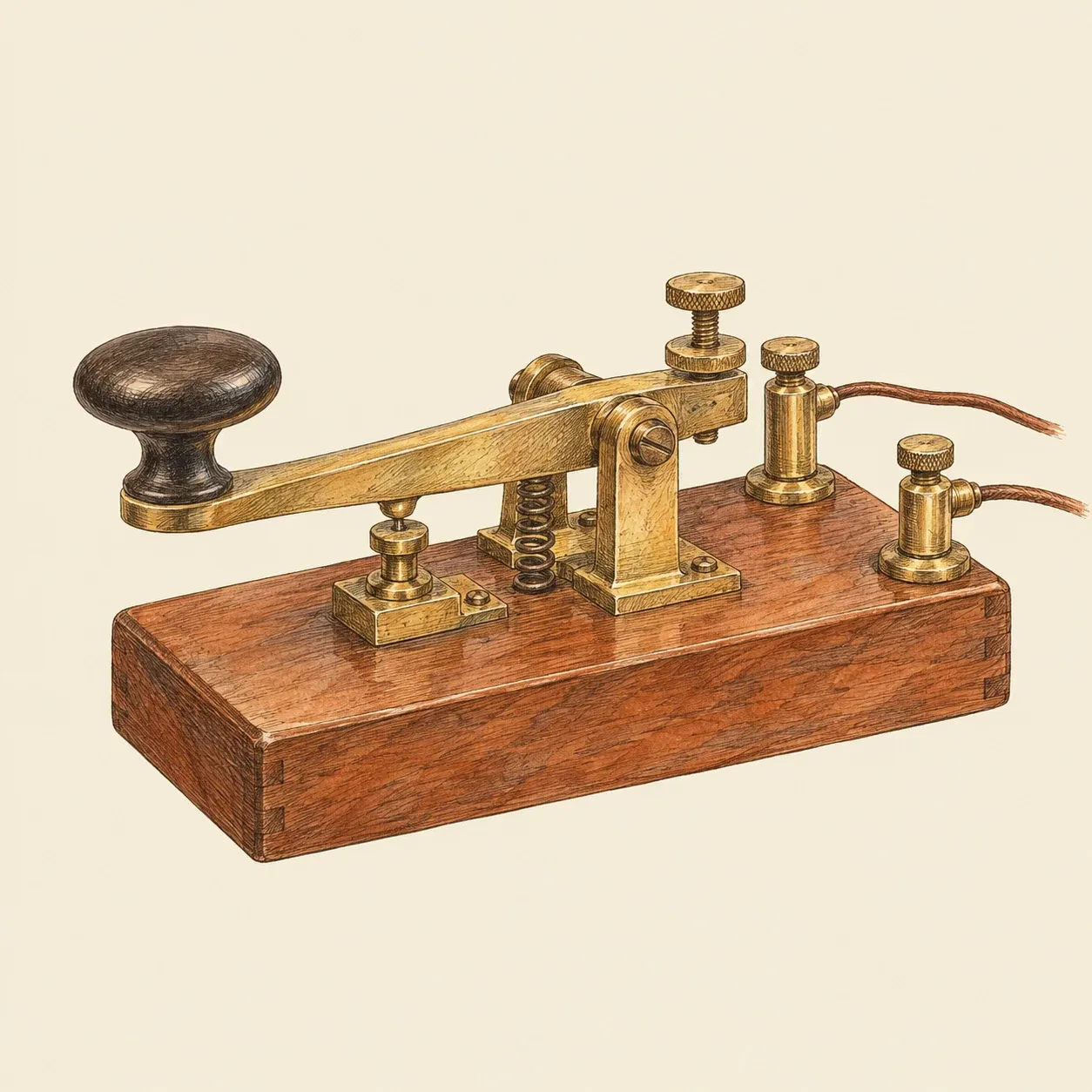 Eine Morsetaste aus Messing auf einem Holzsockel, mit rundem Knopf, Feder und zwei Klemmen