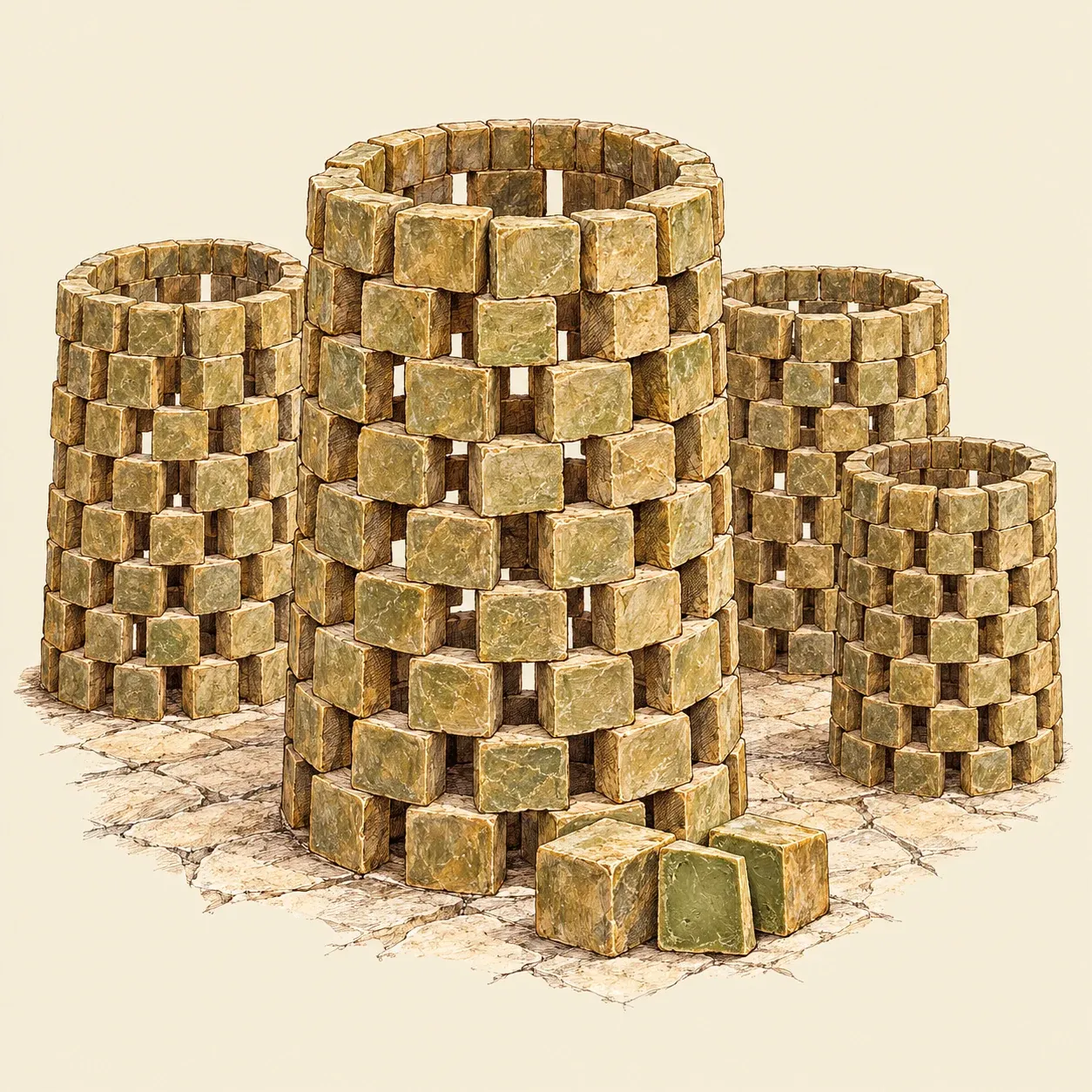 Hollow towers of green-gold soap cubes stacked with gaps for air, one cube cut open to show the green inside