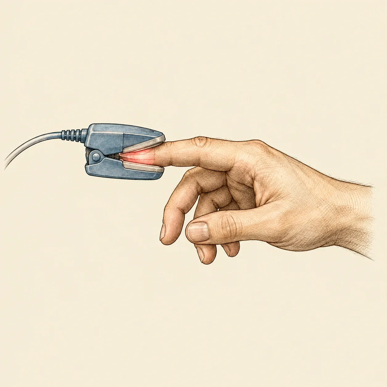 Ein Pulsoxymeter an einer Fingerkuppe, durch die rotes Licht scheint