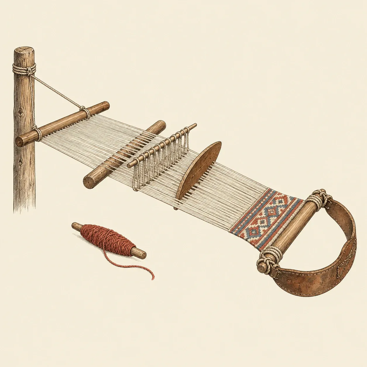 Un métier à sangle : une chaîne étroite tendue entre un poteau et une sangle de cuir, avec une baguette de lices, une baguette d’encroix et un battant plat