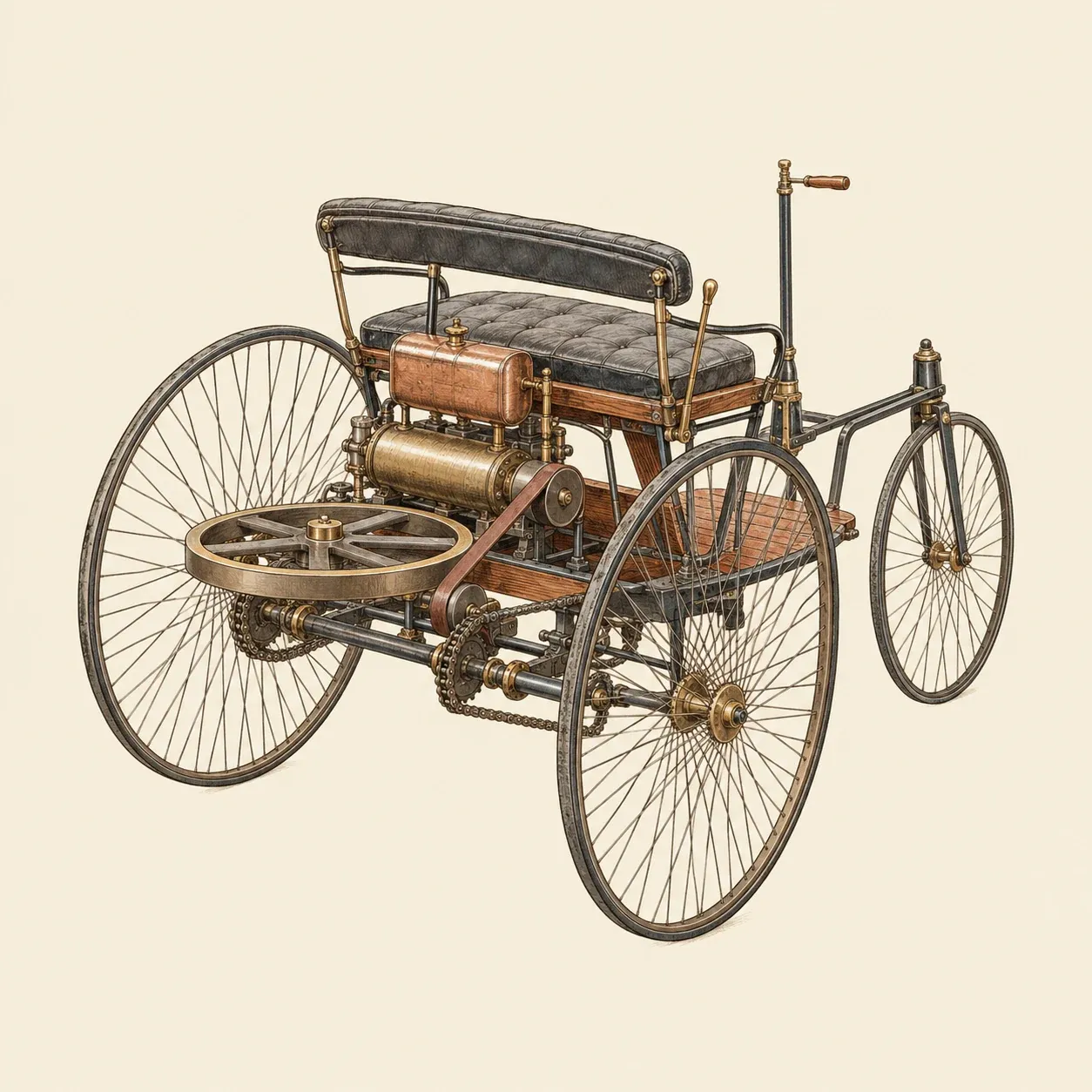 La Benz Patent-Motorwagen de 1886, avec son monocylindre et son volant horizontal sous le siège